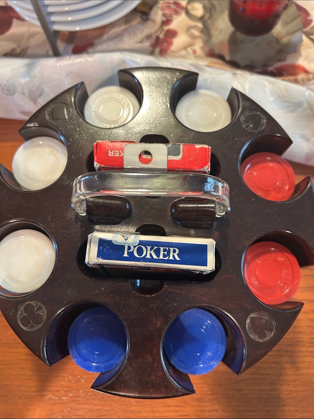 Vintage Classic Poker Chip Carousel Set - Brown with Red, Blue & White Chips